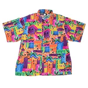 Vintage 90s Toucan Dance Hawaiian Shirt Mens Large Colorful AOP Beach Button Up